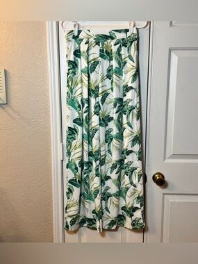 Blashe White Wide Leg Green Leaf Tropical Print Pants Women’s Size Large Beach
